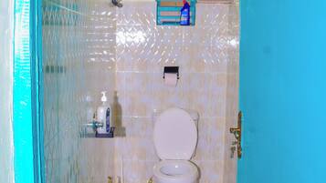 A bathroom with a toilet, a shower enclosure, and a sink.