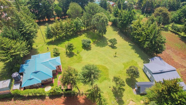 Vista aérea de una zona residencial con casas, césped cuidado y árboles circundantes.