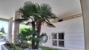A modern building with a large palm tree, a small garden with rocks and plants, and a glass door labeled 'A'. - Air-conditioned 2-room apartment with a terrace, a 3-minute walk from the beach and restaurants (Cagnes-sur-Mer)