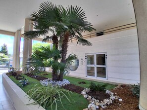 Ein modernes Gebäude mit einer großen Palme, einem kleinen Garten mit Steinen und Pflanzen sowie einer Glastür mit der Aufschrift 'A'.