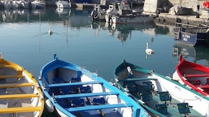 A harbor with various boats docked, including a yellow and a blue rowboat. - Air-conditioned 2-room apartment with a terrace, a 3-minute walk from the beach and restaurants (Cagnes-sur-Mer)