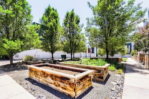 A garden with raised beds, trees, and a paved walkway. - Sloan's Lake Luxury | Private Rooftop | 30-Day Min (Denver)