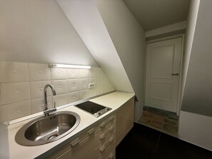 A kitchen with a stainless steel sink, a built-in oven, and a light fixture above the countertop. - Mini-Teater Suites - Apartment 6 - sleeps 5 guests  in 2 bedrooms (Ljubljana)