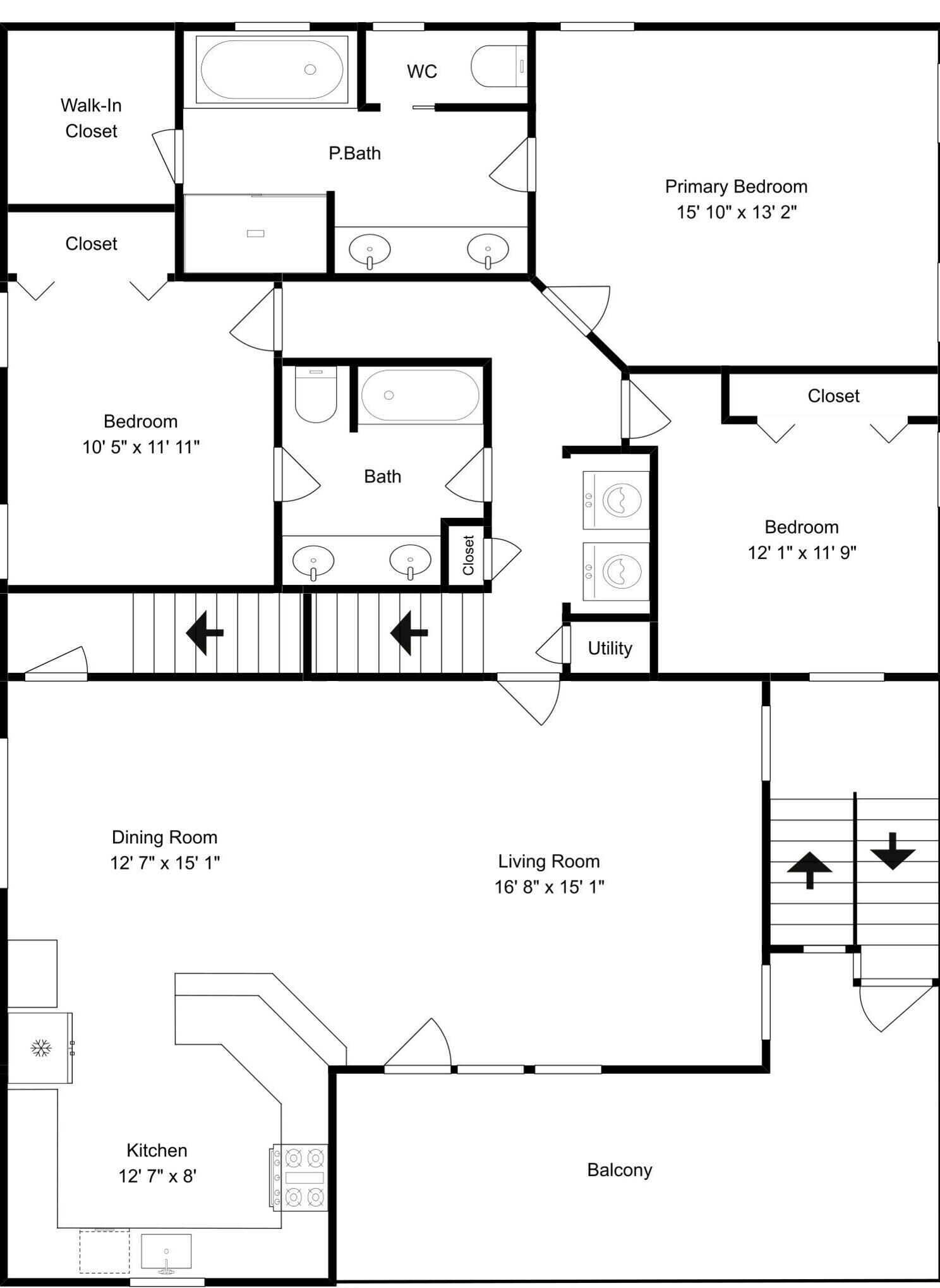 A floor plan with a primary bedroom, two bedrooms, a bathroom, a walk-in closet, a dining room, a living room, a kitchen, and a balcony.