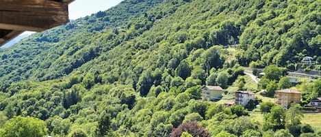 Et bjergrigt landskab med frodig grøn vegetation og boligbygninger.