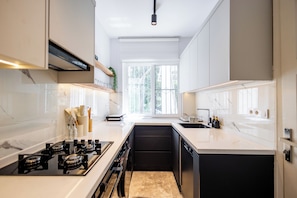 A modern kitchen with a gas stove, black dishwasher, white countertops, and a window providing natural light.