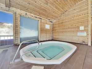 Ein Holz-Wellnessbereich mit Whirlpool, Holzwänden und einer Glastür.