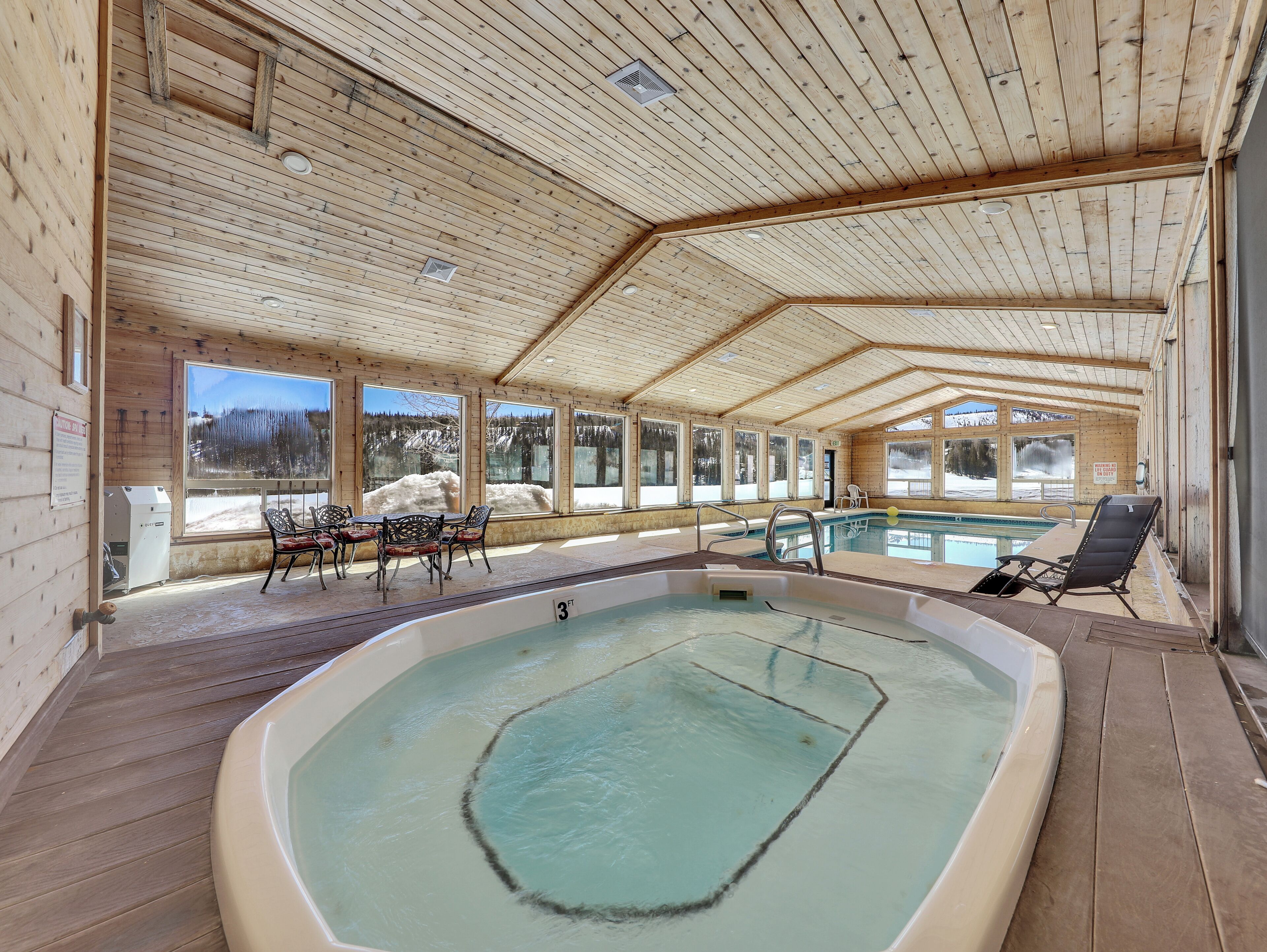 An indoor swimming pool with a view of snowy mountains through large windows.