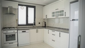A kitchen with white cabinets, a stove, a dishwasher, and a window with blinds. - Santana Suit (Arsin)