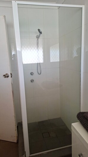 A glass-enclosed shower stall with a handheld showerhead and a wall-mounted faucet.
