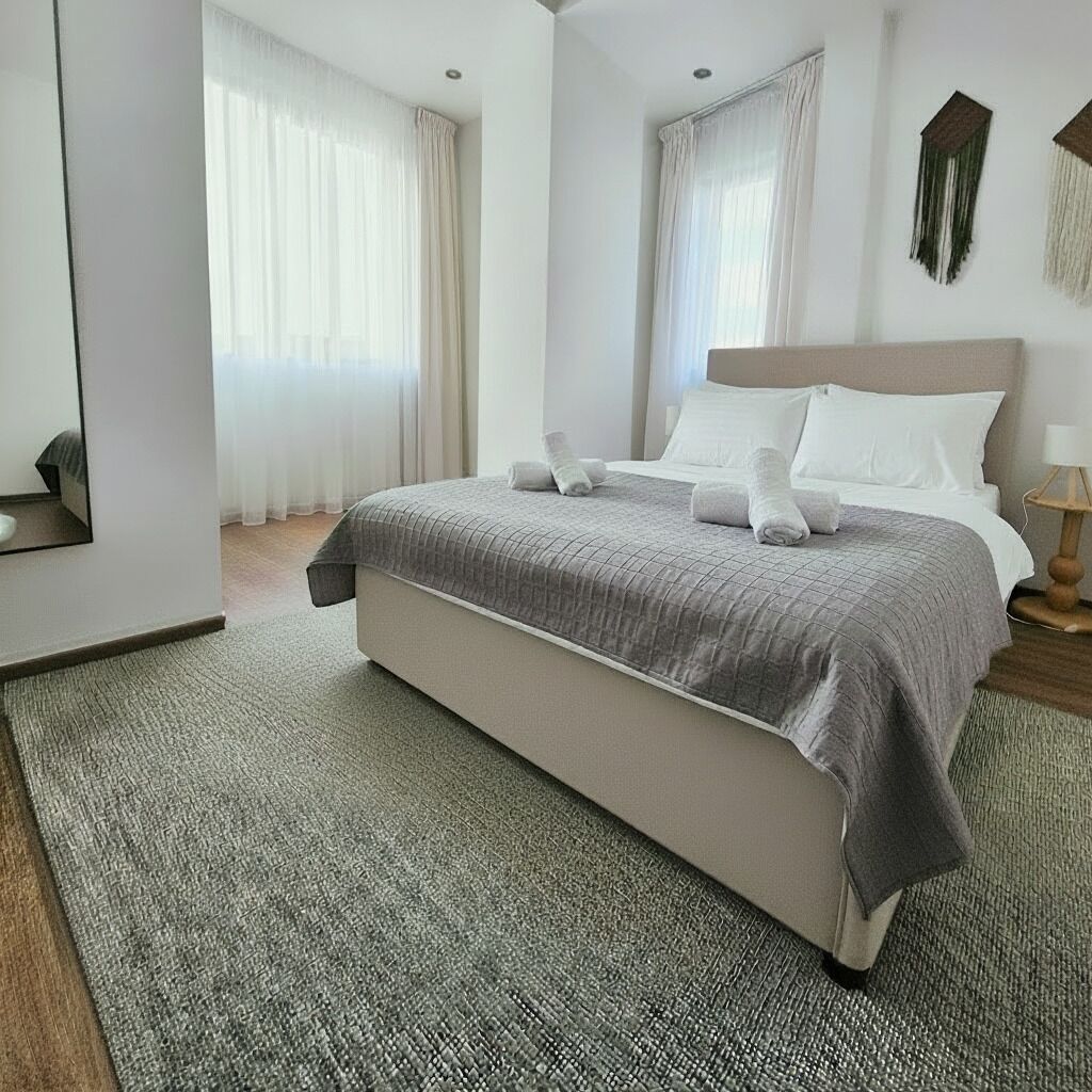 A hotel room with a large bed, a bedside table, a mirror, and curtains on the windows.