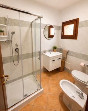 Un bany amb dutxa amb envà, un lavabo, un vàter i un mirall.