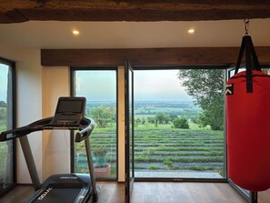 Ein Zimmer mit Laufband, einem Sandsack und einem großen Fenster mit Blick auf eine grüne Landschaft.
