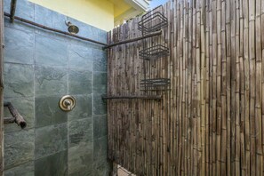 Chuveiro, secador de cabelo, toalhas de banho, sabonete