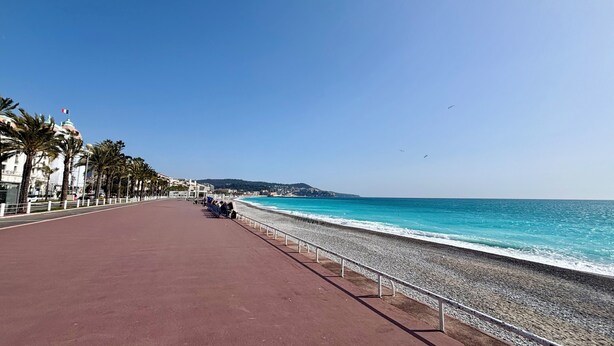 Eine Uferpromenade mit rotem Gehweg, Palmen und blauem Himmel.