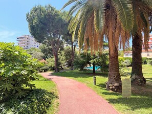 Ein Weg in einem Park mit Bäumen und einem Gebäude im Hintergrund.