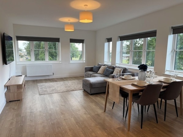 Un vaste espace de vie comprenant un canapé, une table à manger et des chaises, de grandes fenêtres et un radiateur.