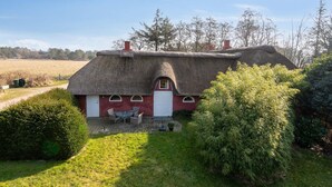 Uma casa com telhado de palha, porta vermelha e um pequeno pátio com área de estar ao ar livre.