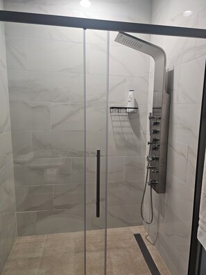 A modern shower enclosure with a glass door, a handheld showerhead, and a wall-mounted control panel.