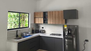 Una cucina moderna con piano cottura a gas integrato, frigorifero in acciaio inossidabile e pensili in legno.
