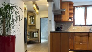 A modern kitchen with wooden cabinets, a built-in stove, and a potted plant.