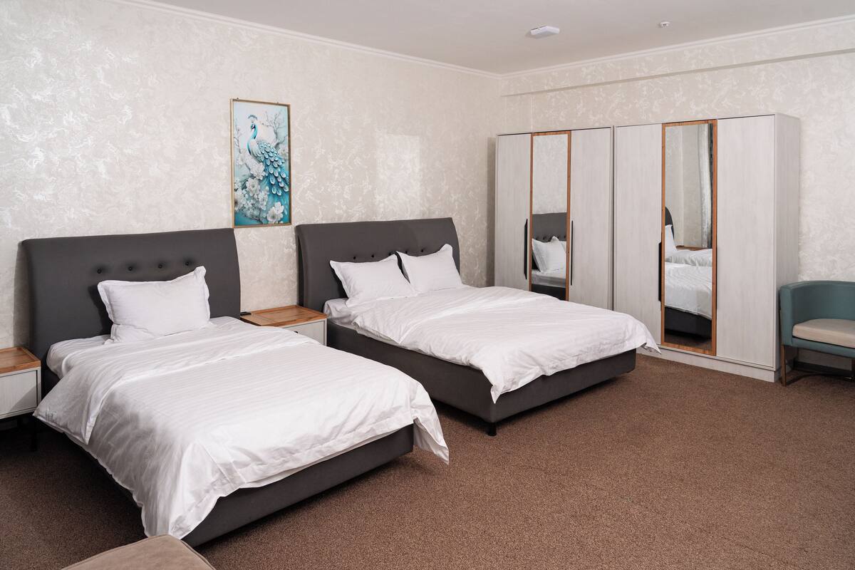 A bedroom with two beds, a wardrobe, a mirror, and a chair.