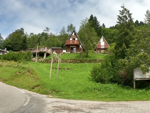 Un cadre rural avec une maison dotée d’un toit à forte pente, d’une terrasse en bois et d’un petit pont menant à la maison.
