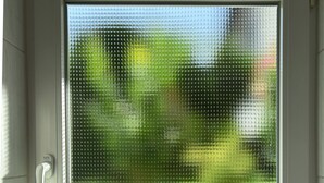 Una ventana con vista a través de un vidrio esmerilado, una planta en maceta, una caja de pañuelos y un secador de manos.