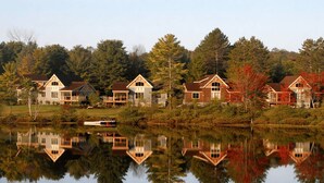 A lakeside residential area with multiple houses, a dock, and a boat.