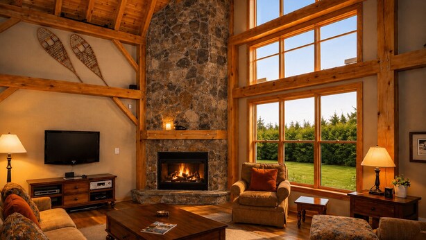 A spacious living room with a stone fireplace, wooden beams, a television, and large windows offering a view of the outdoors.
