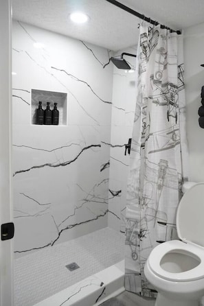 Hair dryer, towels, soap, shampoo