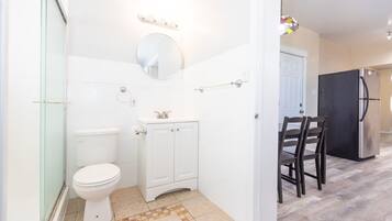 Une salle de bain comprenant des toilettes, un lavabo et un miroir, une douche en verre, ainsi qu’un coin repas avec une table et des chaises.