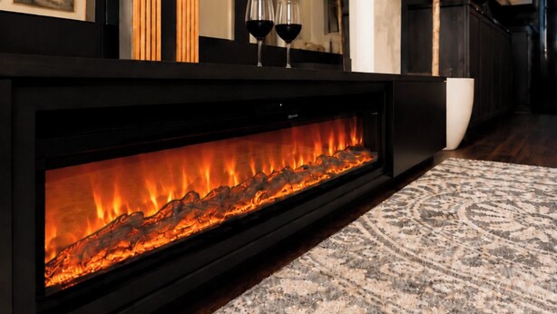 Una sala moderna con chimenea empotrada, una planta grande en maceta y un tapete estampado.