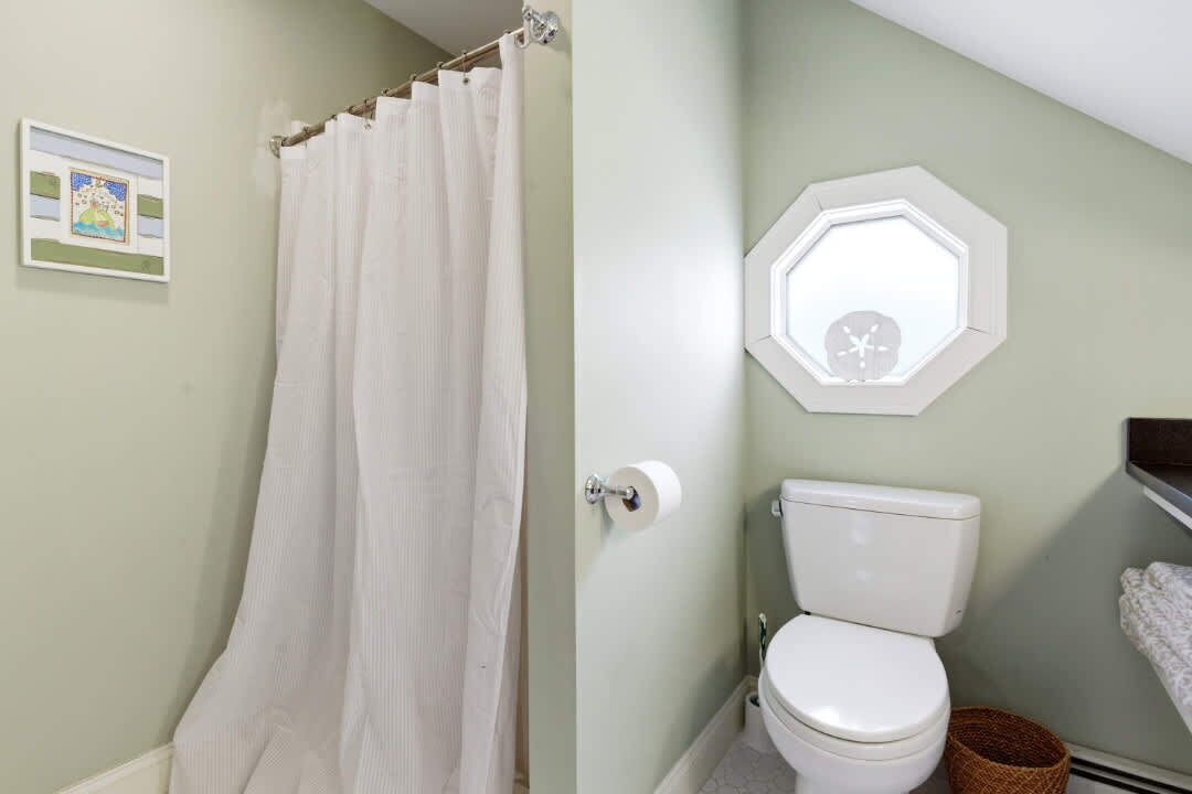 Une salle de bain avec un rideau de douche, des toilettes et une fenêtre fixée au mur.