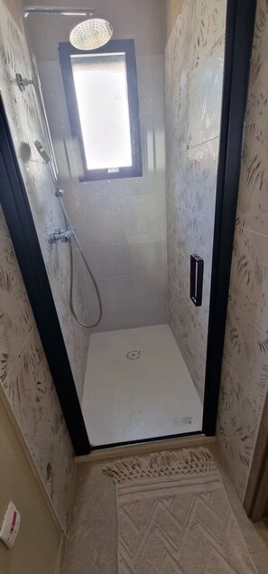 Chuveiro, secador de cabelo, toalhas de banho, papel higiênico