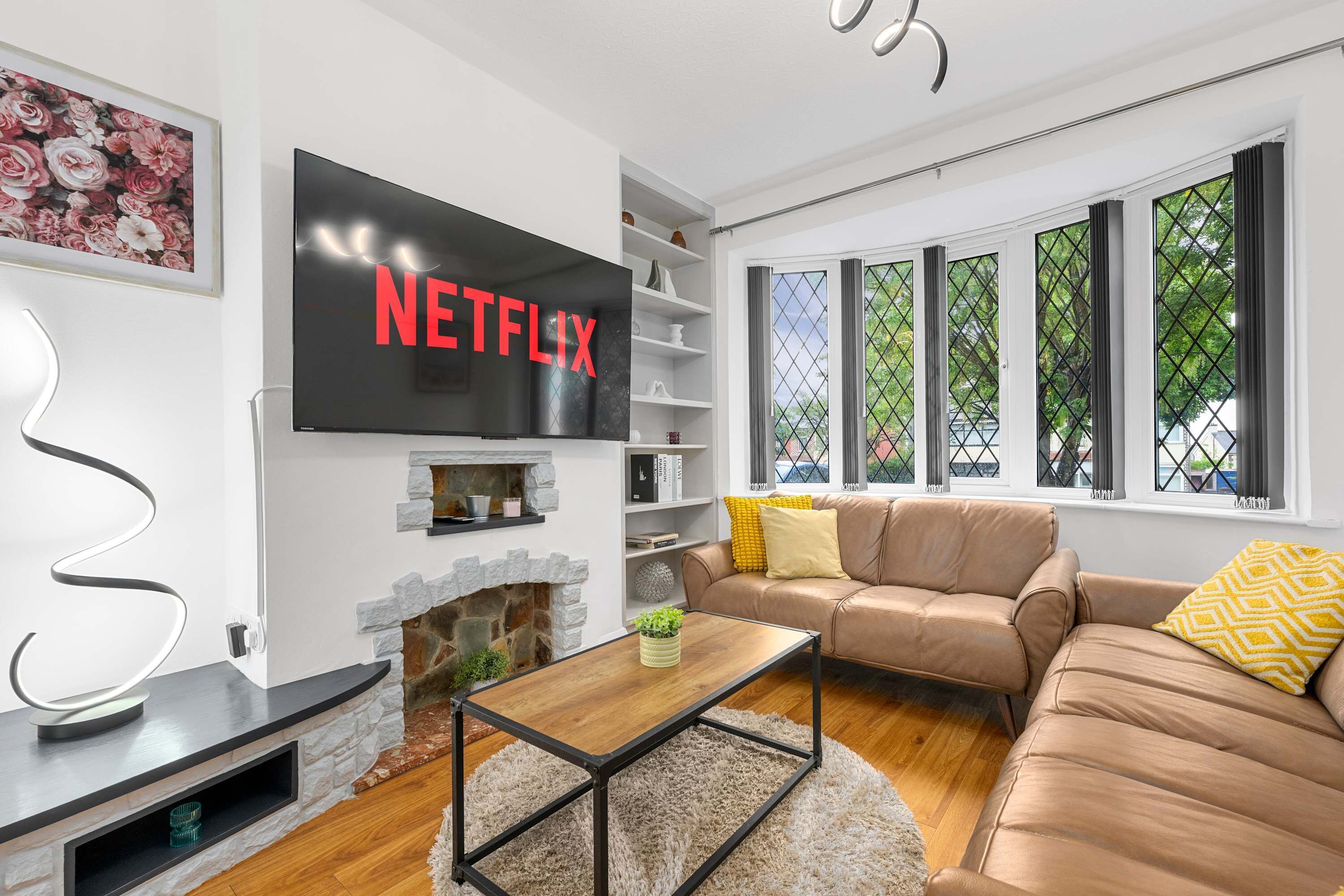 TV, fireplace, offices