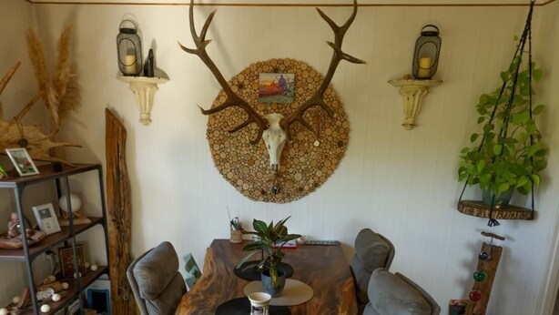 Uma sala de jantar com uma grande mesa de madeira, cadeiras, decoração de crânio de veado fixado na parede e uma planta pendente.