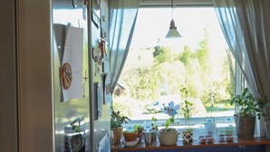 Uma cozinha com janela, plantas em vasos e um lustre.