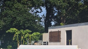 En pool med modern design, omgiven av ett stenlagt område och en byggnad med en minimalistisk fasad.