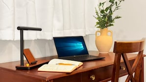 Een houten bureau met een laptop, een boek, een pen, een lamp en een vaas met een plant.