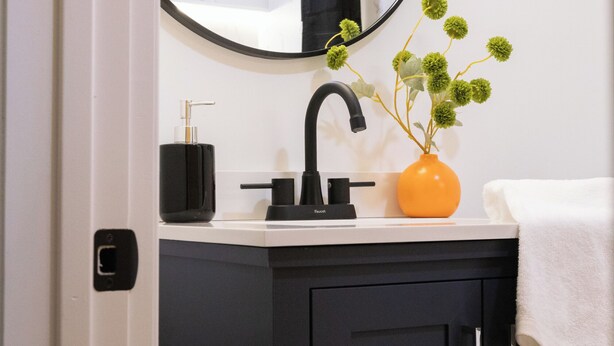 A bathroom with a black faucet, a white sink, a mirror, and a vase with green flowers.