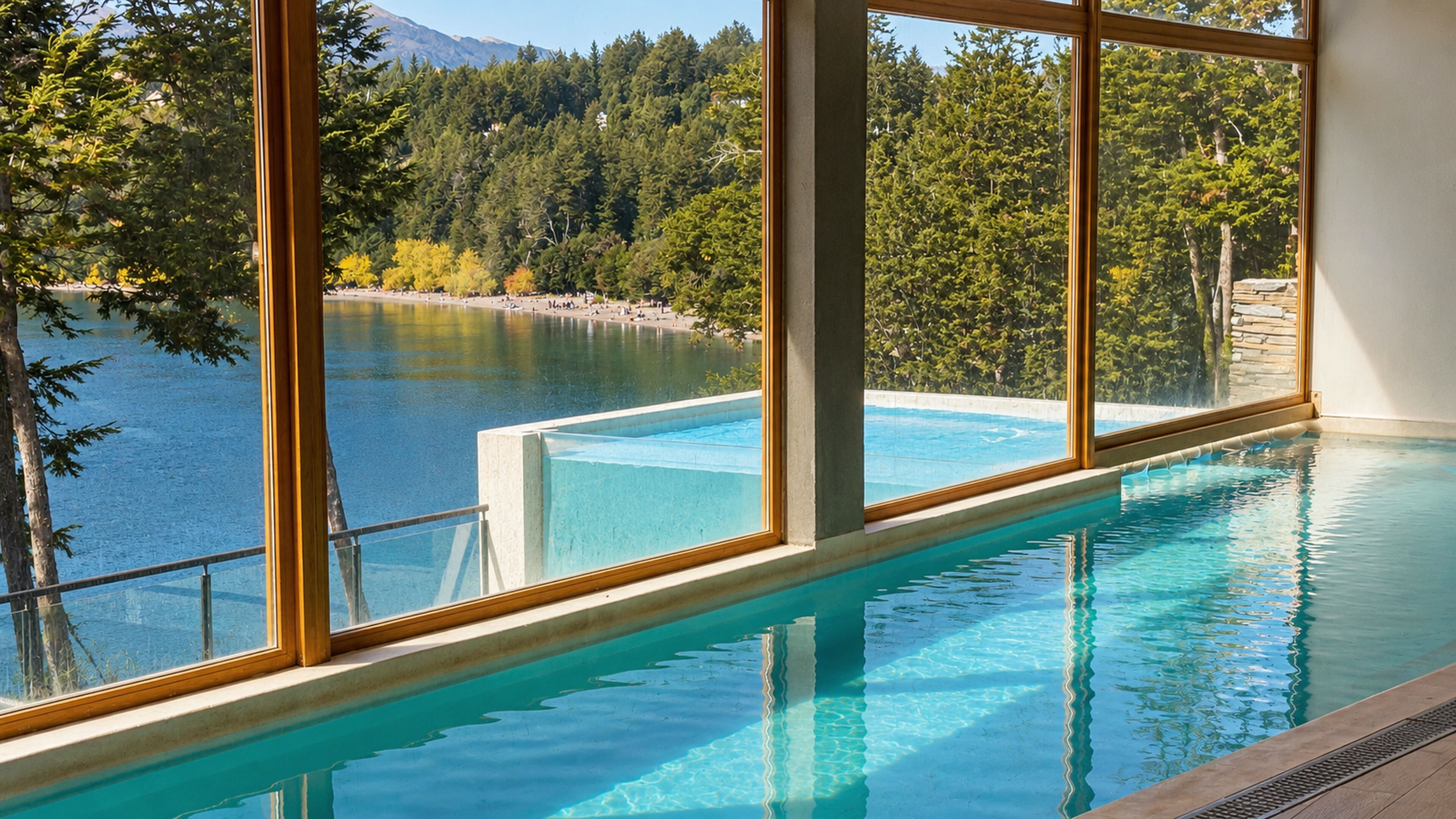 Ein Schwimmbad mit Blick auf einen See und Wald.