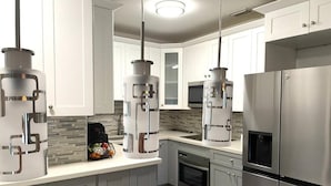 A modern kitchen with stainless steel appliances, grey cabinets, and pendant lighting. - 2 Bedroom House in the Heart of Miami + Parking (Miami)