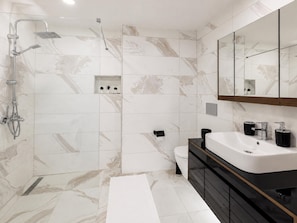 Shower, hair dryer, towels