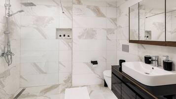 Shower, hair dryer, towels
