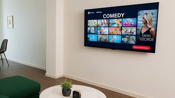 Una sala de estar moderna con un televisor de pantalla plana mostrando un canal de comedia, una mesa de centro redonda con una planta y sofás tapizados en verde.