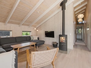 A modern living room with a sofa, a wooden table, a woven chair, a TV, and a wood-burning stove. - "Kristine" - 250m from the sea by Interhome (Knebel)