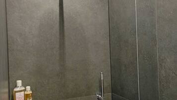 Shower, hair dryer, bidet, towels