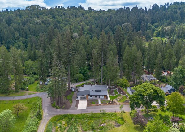 Vista aérea de una zona residencial con una casa moderna rodeada de bosque denso.