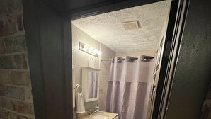 Une salle de bain avec des toilettes, un lavabo et un rideau de douche.